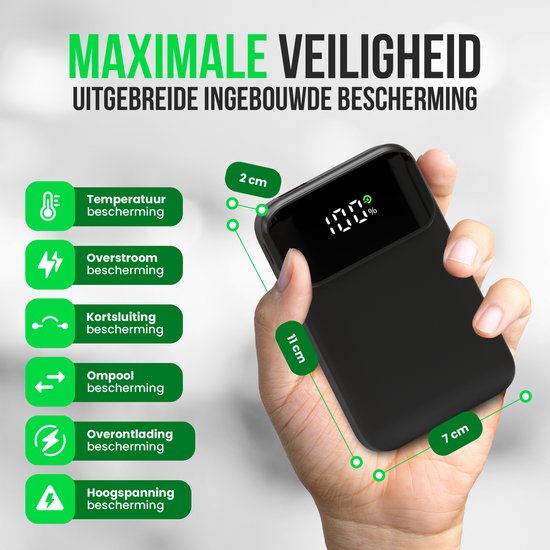 Strex Powerbank - 12.000 mAh - 22,5W Schnellladegerät - USB-A/USB-C - LED-Anzeige - Universal Powerbank geeignet für iOS/Android, u.a.