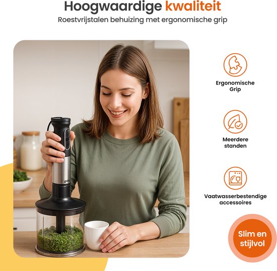 Goliving Stabmixer-Set 5-in-1 - Zerkleinerer - Messbecher - Schneebesen - 1000W - spülmaschinenfestes Zubehör - Edelstahl - Schwarz
