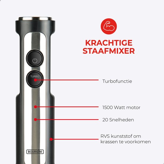 Bourgini Stabmixer - 4-tlg. Leistungsstarkes Stabmixer-Set aus Edelstahl -20 Geschwindigkeiten - Schneebesen - Zerkleinerer 600ml - Messbecher 800ml - 1500W