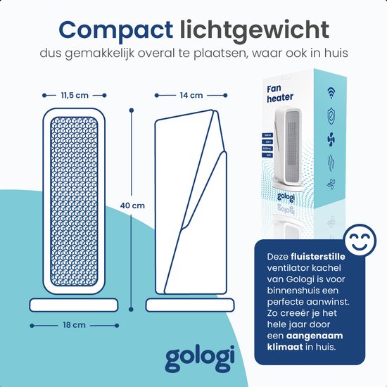 Gologi Heizlüfter mit Thermostat - Elektroherd - Heizung - Heizgerät - Mit App und Touch Control - 1500W
