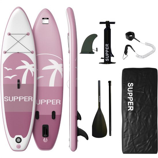 Supper Sup Board - Max. 120KG - Aufblasbar - Paddle Board - Pumpe - Finne - Leash - Tragetasche - 285 x 76 cm - Pink