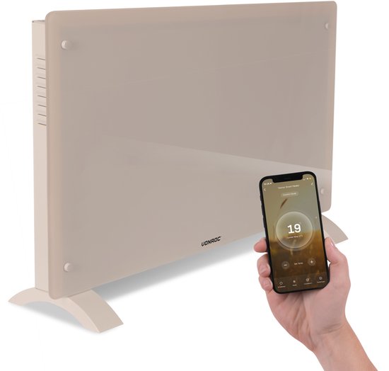 VONROC Luxury electric heater - Konvektorheizung mit Glasscheibe - 1000W/2000W- Beheizt Räume bis zu 24m2 - Gesteuert sowohl mit App (über Wifi) als auch manuell - Einstellbarer Thermostat und Timer - Beige