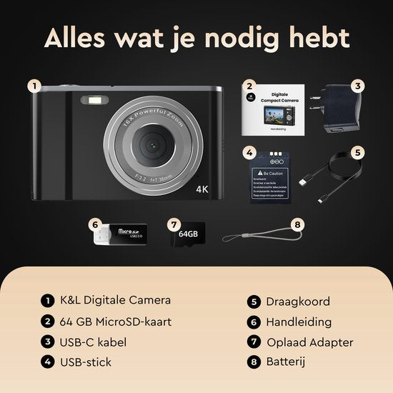 K&L Digitalkamera 4K - 64MP - Kamera - Kompaktkamera - Vlog Kamera - Für Kinder - Inklusive 64GB - NL Software