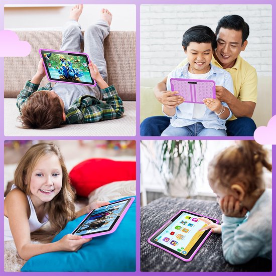 Spoused Kinder-Tablet - 10,1 Zoll - Kinder-Tablet ab 3 Jahren - 64GB - 4GB RAM- 6000 mAh Akku - Inkl. Schutzhülle & Parent Control App - Lila