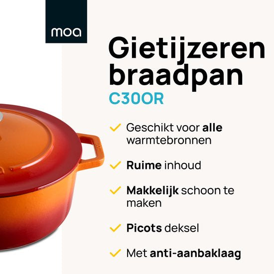 MOA Gusseisen-Kasserolle - 7,2L - Für alle Wärmequellen inkl. Induktion - Mit Deckel - Ø 30cm - Antihaftbeschichtung - Orange