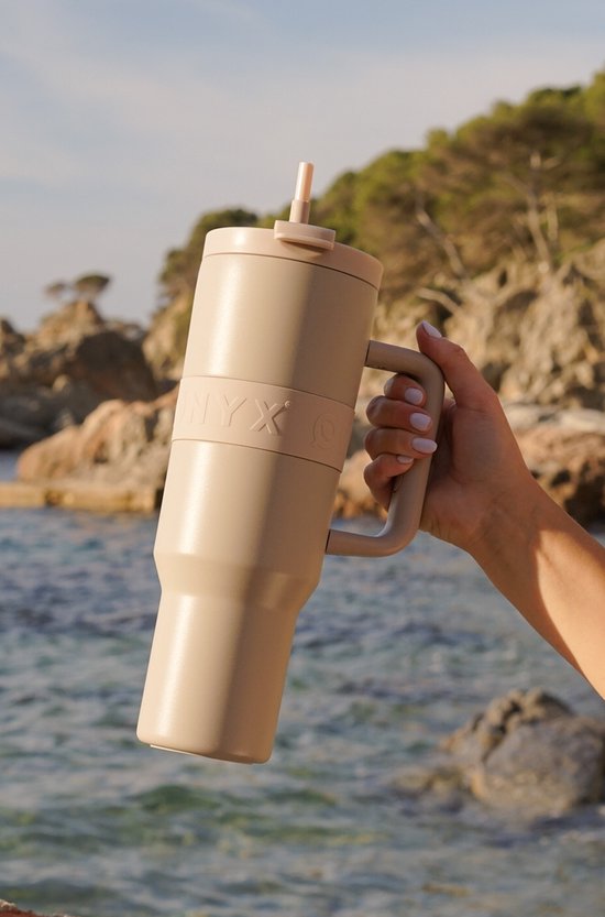 ONYX Trinkflasche mit Strohhalm 1,2 Liter - Wasserflasche für Kinder & Erwachsene - Thermosbecher Reisebecher - Motivationstrinker - Trinkbecher für die Schule - Beige