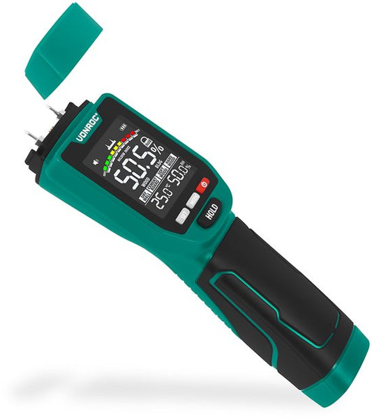 VONROC PRO Feuchtemessgerät - Duale Messfunktion: invasiv (mit Stiften) und nicht-invasiv (mit Sensor) - geeignet für Holz und Baumaterialien - mehrfarbiges LCD-Display
