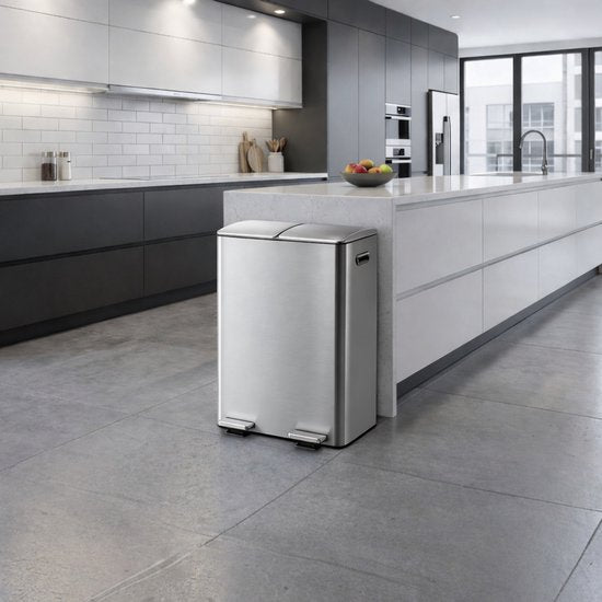 Bayt Mülleimer - Mülleimer 60 Liter (2x30) - Mülleimer 60 Liter - Treteimer 60 Liter - Mülleimer Mülltrennung - Mülleimer 2 Fächer - Mülleimer - Edelstahl - Silber