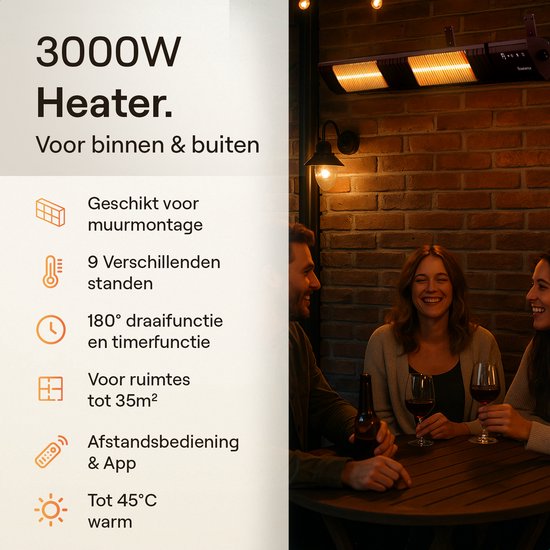 Flowsense Heater - Terrassenheizungen 3000W - Elektrische Pendelheizung - Infrarotheizung - Für 35m2 Flächen - Innen & Außen - Inkl.