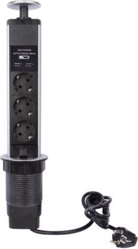 Perel Pop-up-Steckdose, 3 Steckdosen mit Schutzleiter (Typ F), 2 USB-Anschlüsse, Einbauöffnung 71 mm, Innenbereich, schwarz/grau