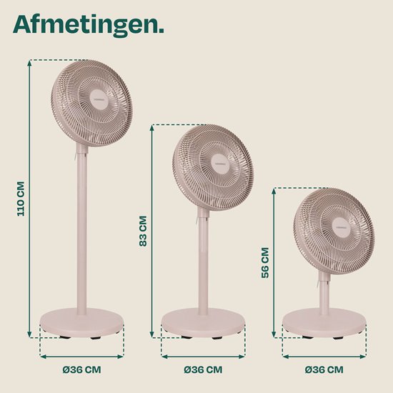 VONROC Bodenventilator – 3 Geschwindigkeitsstufen – inkl. Fernbedienung – Timer – in 3 Höhen verstellbar – beige