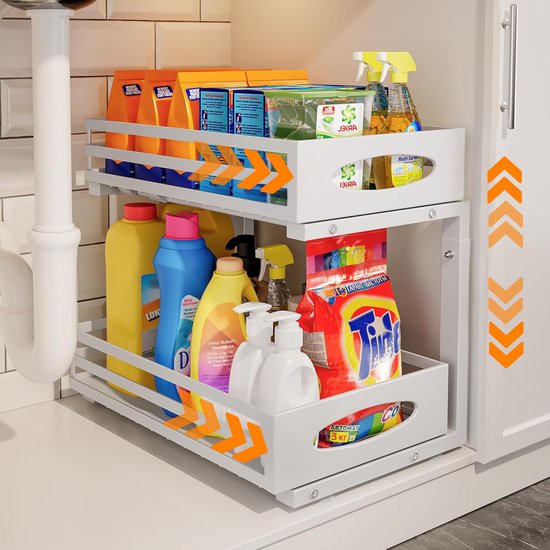 Posity Küchenschrank-Organizer - Spülenschrank-Organizer - Arbeitsplatten-Organizer - Aufbewahrungsregal - Badezimmer-Organizer - Küchenregal - ausziehbar - Metall - weiß