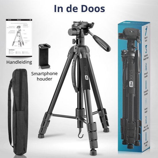 Studio ME Telefonstativ - 179 cm - Kamerastativ - Schwarz - Einbeinstativ - Stativ Smartphone - Telefonhalterung - Stativ Iphone - Stativ Telefon / Kamera / DSLR