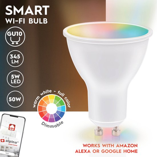 alpina Smart Home RGB Lampe - GU10 - 5W - WW + RGB - Intelligente Beleuchtung - LED - App Steuerung - Sprachsteuerung - Amazon Alexa - Google Home