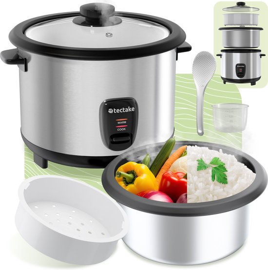 tectake® Reiskocher - Dampfgarer und Reiskocher mit Dämpfeinsatz - Großvolumiger Kochtopf mit 1,8 l Fassungsvermögen - Bis zu 10 Portionen Klebreis, Vollkornreis oder Sushi-Reis