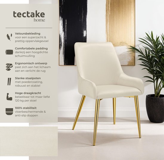 tectake - Esszimmerstuhl Avane - Samtoptik - Ergonomischer Polsterstuhl mit goldenen Stahlbeinen - Belastbarkeit 120 kg - Moderner Esszimmer- und Küchenstuhl - 2er Set - Beige