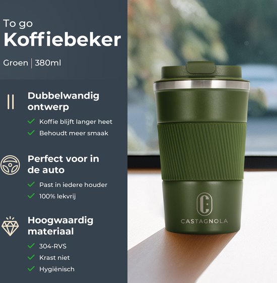 Castagnola Thermosbecher - Kaffeebecher To Go - Reisebecher für Kaffee und Tee - Teebecher - 380 ML - Edelstahl - Grün