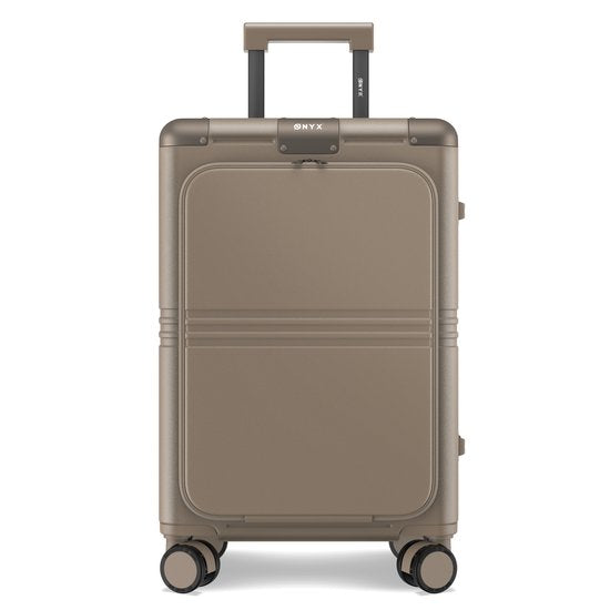 ONYX Hybrid Pro Handgepäck Koffer mit Fronttasche 38 Liter - Recyceltes Polycarbonat und reißverschlussloses Design - Reisekoffer mit TSA-Schloss und Spinner-Rädern - Leichter Trolley mit Laptop-Fach - Desert Clay