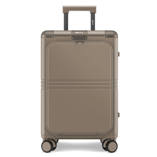 ONYX Hybrid Pro Handgepäck Koffer mit Fronttasche 38 Liter - Recyceltes Polycarbonat und reißverschlussloses Design - Reisekoffer mit TSA-Schloss und Spinner-Rädern - Leichter Trolley mit Laptop-Fach - Desert Clay