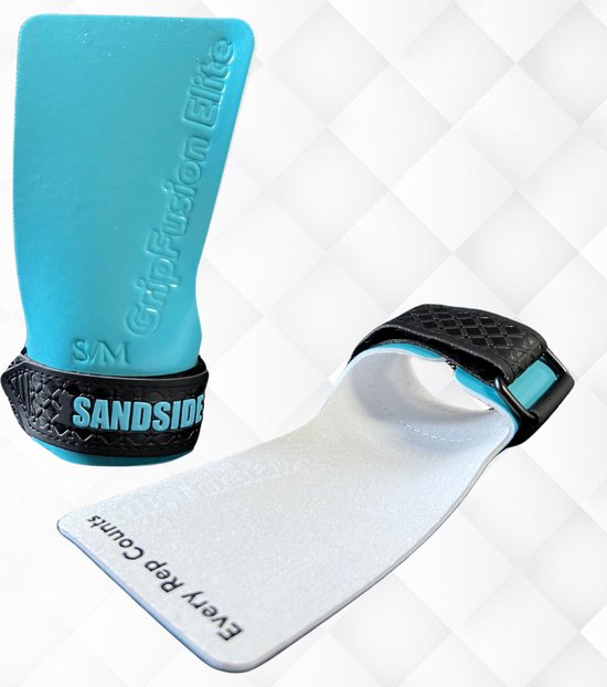 Sandside CrossFit Grips Elite 2.0 - Klebrige Handgriffe - Keine Kreide - Fitness-Handschuhe - Fingerlose Griffe - Himmelblau L/XL