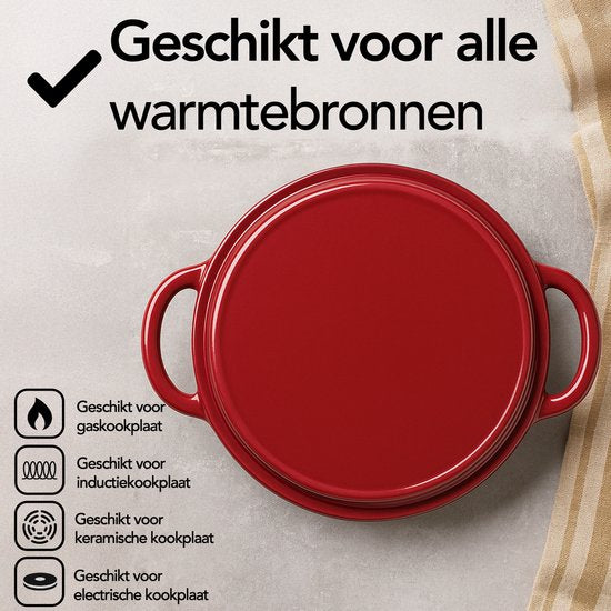 Aviro Gusseisen-Kasserolle - Ø26CM - 5L - Alle Wärmequellen inkl. Induktion - Eintopf - PFAS-frei - Mit Deckel - Rot