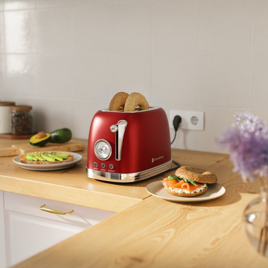 KitchenBrothers Retro-Toaster - Toaster - 6 Heizstufen - 2 extra breite Schlitze - 815W - Rot