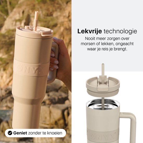 ONYX Trinkflasche mit Strohhalm 1 Liter - Wasserflasche für Kinder & Erwachsene - Thermoskanne Edelstahl Reisebecher - Motivationstrinker - Trinkbecher für die Schule - Sand Beige