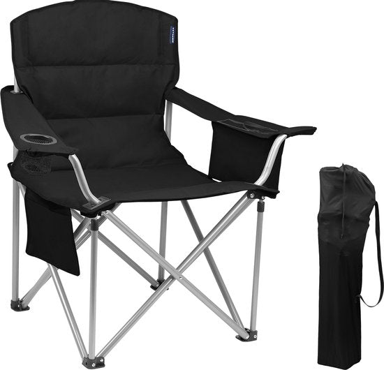 TRVLMORE Campingstuhl - Zusammenklappbar - Komfort - 150 kg Belastbarkeit - Getränkehalter - Kühlfach - Seitentasche - Schwarz