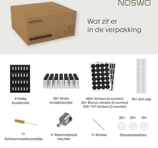 Noswo Gewürzregal Schublade - Mit 28 Gläsern - Komplettset - Quadratisch - Streudeckel und Etiketten - Gewürzorganisator - Küchenschubladenorganisator - Schwarz