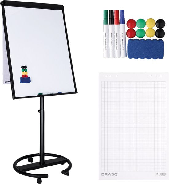 BRASQ Flipchart Mobile Deluxe -70x100 cm - Verstellbares Whiteboard - Inklusive 25 Blatt Papier und Zubehör - mit ausziehbaren Armen - Magnettafel mit Haken - Magnettafel - Schwarz