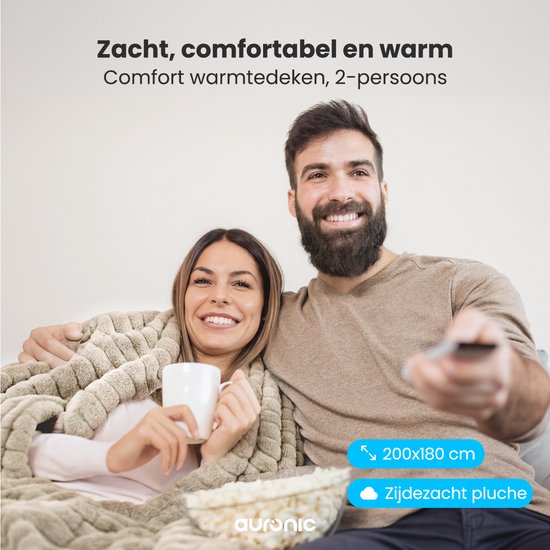 Auronic Electric Blanket - 200 x 180cm - 2 Personen - 3 Wärmestufen - Plüsch - Taupe