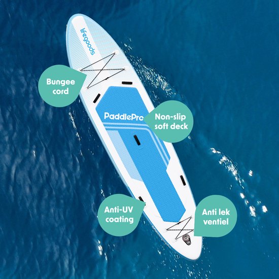 LifeGoods SUP Board Tandem - 2 Personen - 220 KG Belastbarkeit - 381 x 86 cm - Aufblasbar - Komplettes SUP Paket - Himmelblau