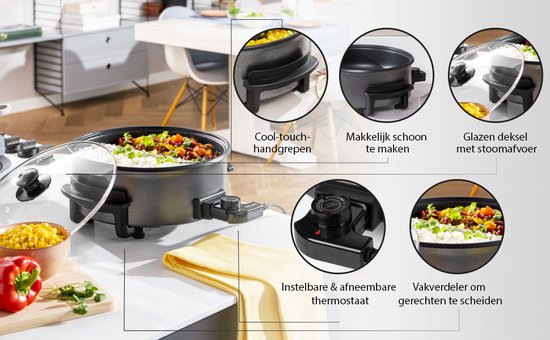 Tristar Kasserolle PZ-9135 - Elektrische Kasserolle mit Deckel 30 cm - Snackpfanne XL - Antihaftbeschichtung und einstellbarer Thermostat - maximal 250 ⁰C - Schwarz