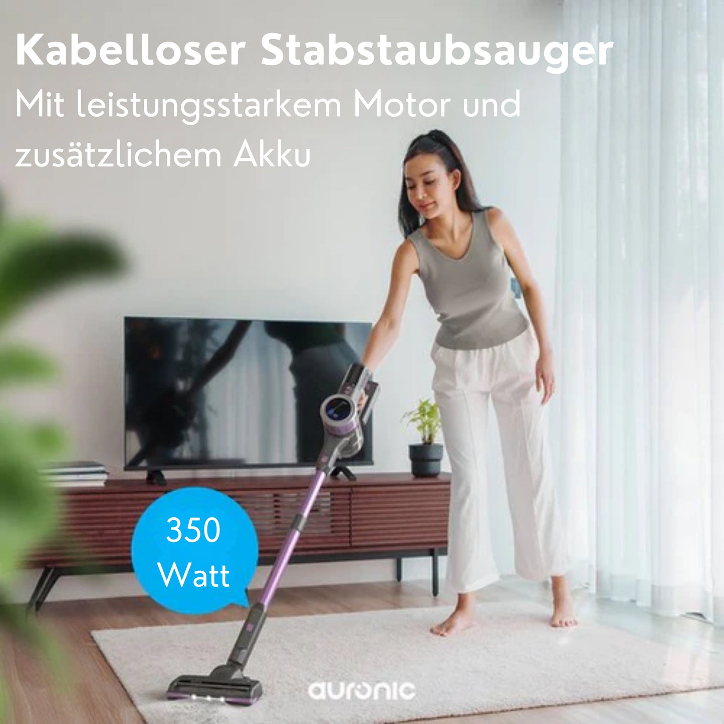 Auronic Stick Staubsauger - Kabellos - Beutellos - Akkubetrieben - Selbstständig - 350W - Extra Akku - Staubsauger - Grau/Lila