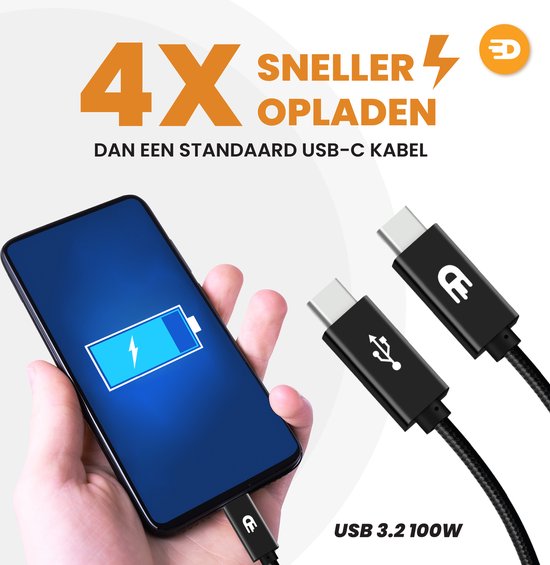 Drivv. USB C Kabel zu USB C 3.2 - 100w Schnellladegerät - 3 Meter - 4K 60Hz - 20GBs - Geeignet für Samsung, Macbook, iPhone 15 & mehr - Nylon Kabel - Schwarz