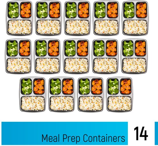 Fitcrafters Meal Prep Trays - Frischhalteschalen - Tiefkühlschalen - 14 Stück - 3 Fächer - 1L - BPA frei