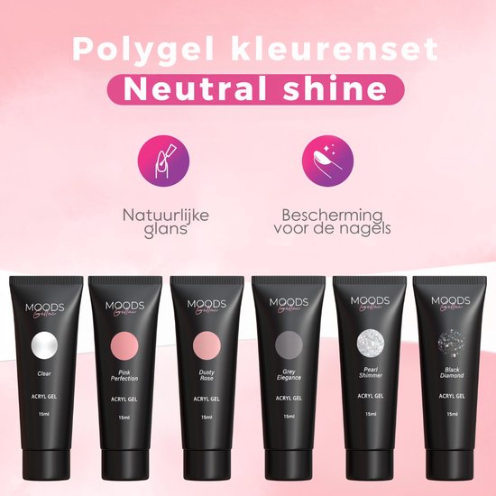Moods Gellac - Polygel Colour Set - Nachfüllset - Neutraler Glanz - 6 Farben - 15ML