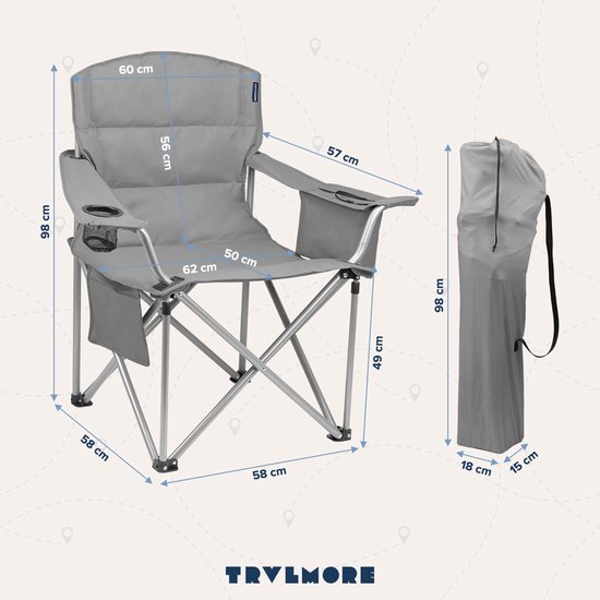 TRVLMORE Campingstuhl - Klappbar - 150 kg Belastbarkeit - Mit Getränkehalter & Kühlfach - Schwarz