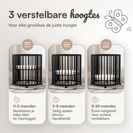 Flowsense Baby Box - Runder Laufstall - Bodenbox - Laufstall - mit Matratze - höhenverstellbar - Rollen - Schwarz