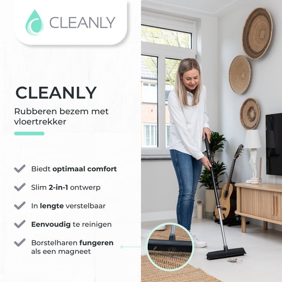 CLEANLY Gummibesen mit Bodenwischer - Barbierbesen - Weicher Besen für drinnen und draußen - Teleskop 114-142 cm - Bürste mit Stiel - Innenbesen - Breite 34 cm - Schwarz, Grau