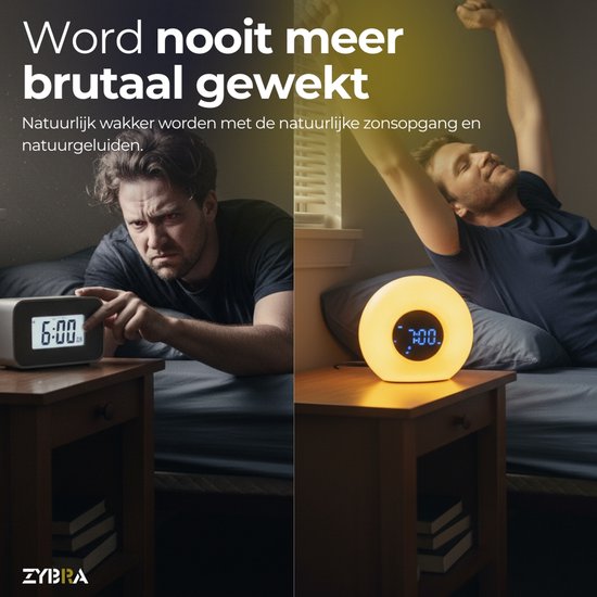 Zybra® Premium Wake Up Light - Digitaler Wecker - Lichtalarm - Nachtlicht - Wecker - 20 Helligkeitsstufen - 25 weiße Geräusche - Inkl. niederländischer Anleitung