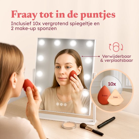 Fraay® Hollywoodspiegel mit Beleuchtung 41x30cm - 3 Lichtstufen - Schminkspiegel mit 10-facher Vergrößerung - LED-Spot-Beleuchtung dimmbar - inkl. Beauty Blender und Puderquaste