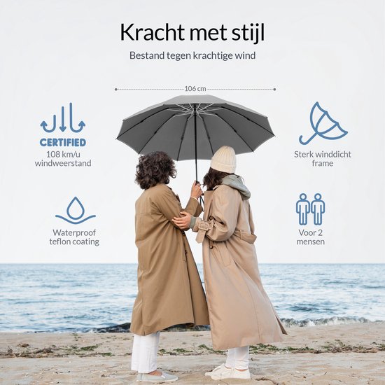 Nohrd Storm Umbrella - Grau - Regenschirm faltbar - Sturmsicher 108 km/h - Sturmschirme - Automatisch ein- und ausklappbar - Reflektierend - Regenschirme - Inklusive Schutzhülle