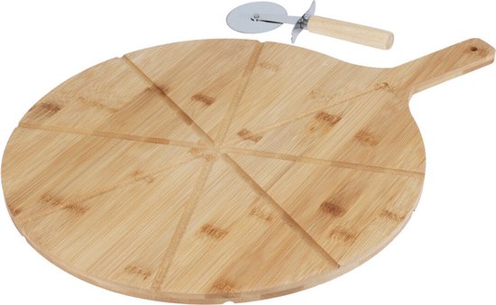 Excellent Houseware Pizzabrett mit Pizzaschneider - Bambus - 38 cm - doppelseitig - Pizzabrett