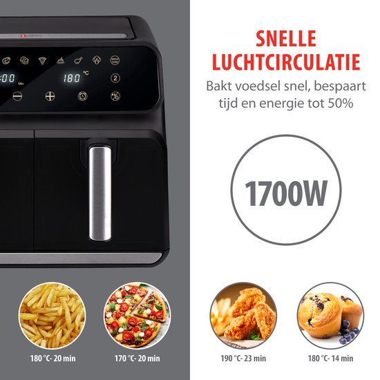 alpina Double Airfryer XL 8L - Heißluftfritteuse für 4 bis 8 Personen - Fassungsvermögen 2x4L - Digitalanzeige - Fritteuse 1700 W - Sync Finish Funktion - Schwarz