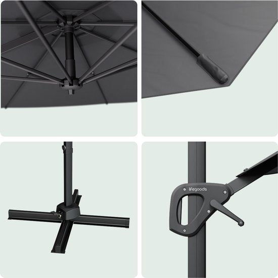 LifeGoods Schwebender Sonnenschirm - 6 Ständer - 360° drehbar - Rund Ø300 cm - Inklusive Schutzhülle - Anthrazit