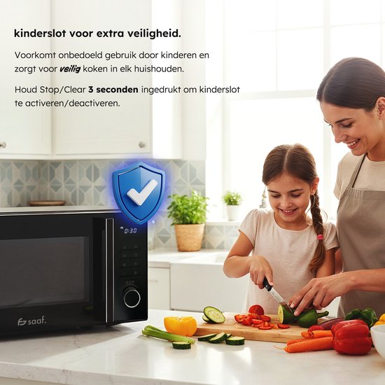 Kombi-Mikrowelle - 25L - Freistehende Kombi-Mikrowelle - Grill- und Heißluftfunktion - 10 Kochprogramme - Digitaler Timer und Kindersicherung - 900W - Schwarz - Saaf