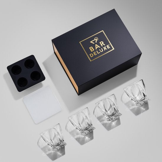 BarDeluxe® Whiskey Set - 4 handgefertigte Kristallgläser 325 ml - Luxuriöses Geschenkset mit Eiswürfelform & Aufbewahrungsbox - Ideal als Whisky Geschenk