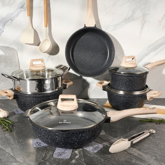 Just Perfecto 15-teiliges Induktionskochgeschirrset - Schwarzes Kochgeschirrset mit Deckel für Gas und Induktion - PFAS frei - Kalte Griffe