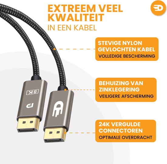 Drivv. Displayport-Kabel - 8K 60Hz - 4K 144 Hz - 32.4GBps - Displayport 1.4 - DP-Kabel - 2 Meter - Modern Grey